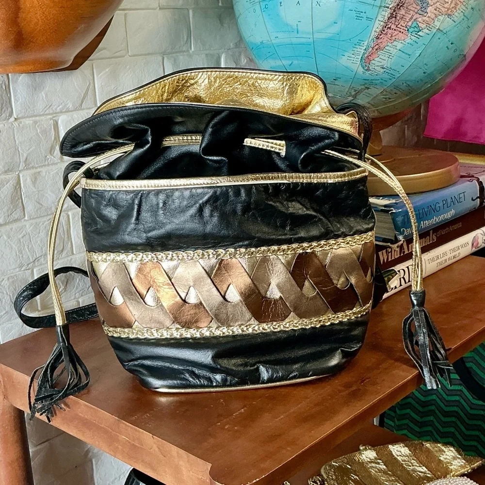 Vintage 1980s 90s Leather Drawstring Bucket Bag Woven Patchwork + Tassel Detail - Picture 10 of 13